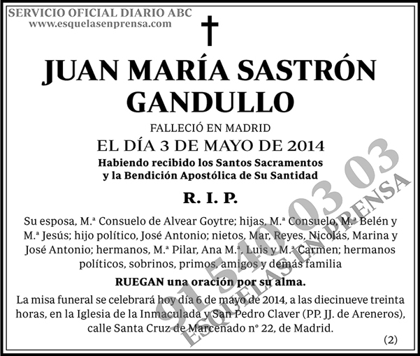 Juan María Sastrón Gandullo - Esquelas ABC
